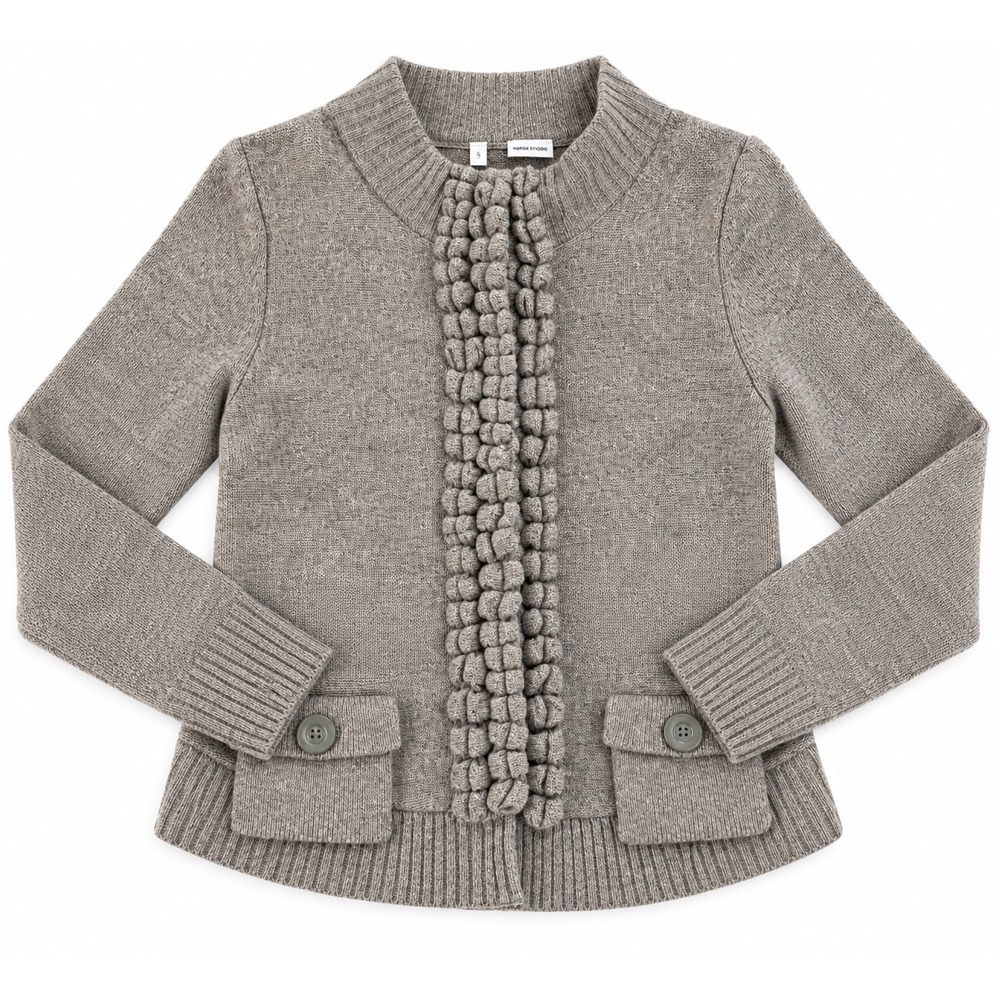 Moth Anthropologie Taupe Brown Bobble Knit Ruffle Cardigan Sweater Mock Neck M